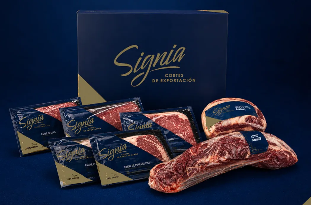 Caja Signia y cortes de exportación: lomo, ojo de bife, entraña fina y asado
